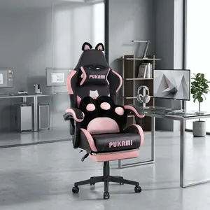 Black Kawaii Cat Themed PU Gaming Chair with Detachable Cat Ears & Cat Paw Lumbar Pillow, 90°-135° Recline Height Adjustable Sync Linkage Armrest 360° Swivel PC Desk Chair for Game Room Home Bedroom Halloween Decor