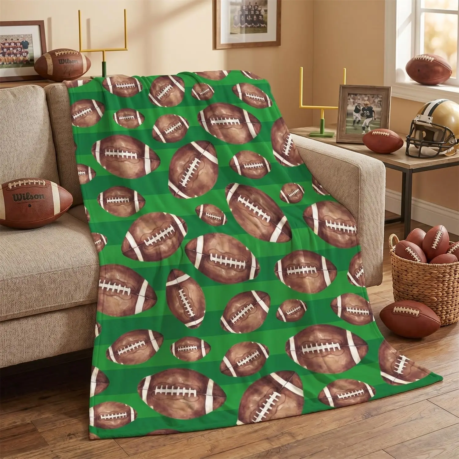 Football Green Flannel Throw Blanket 50x60 |   Using Ultra Soft Fuzzy Plush Cozy Non-shedding Blanket for Couch Sofa Bed Camping, Ideal  for  Adults