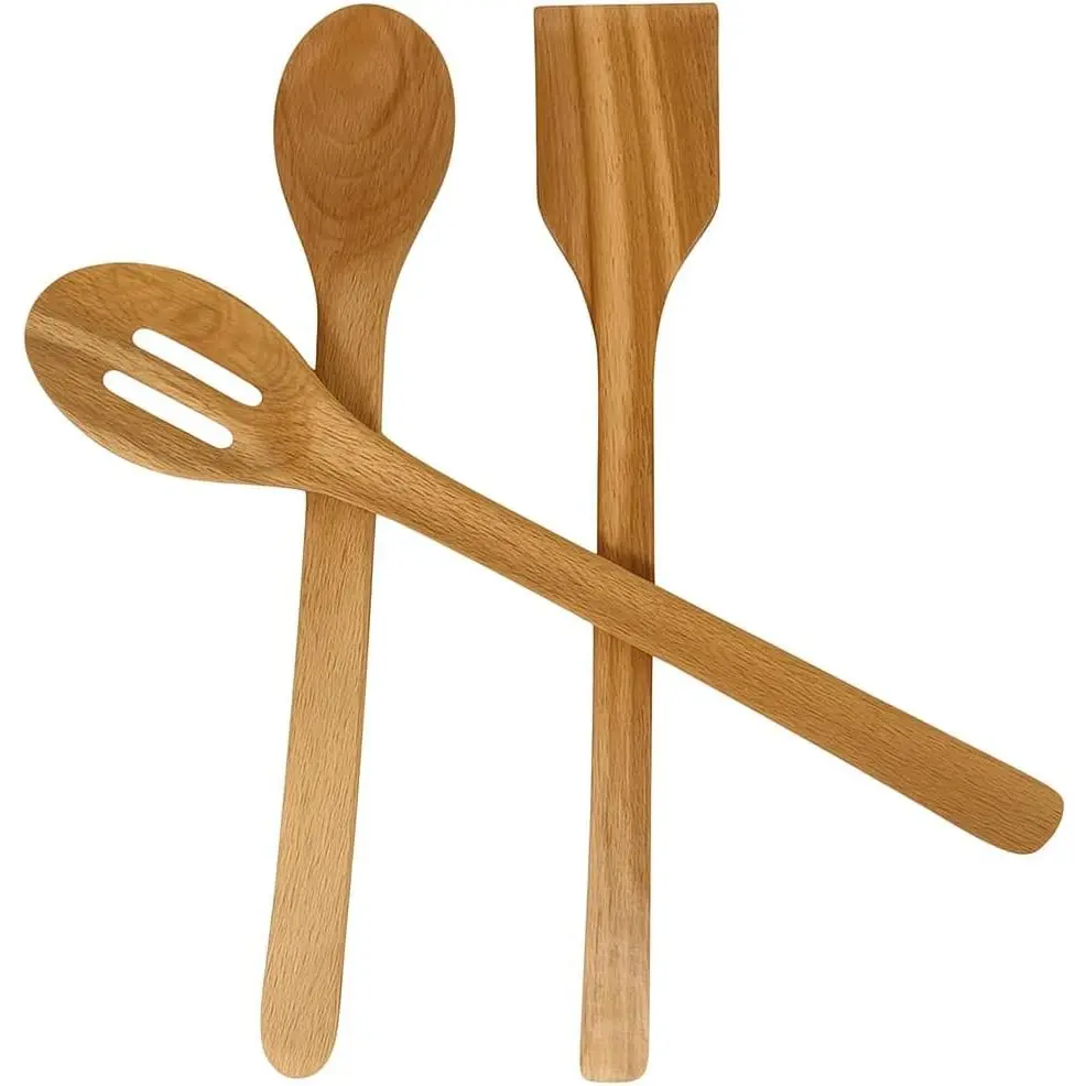 3- Wooden Cooking Spoon Set –  Teak  Utensils for Nonstick Cookware, Includes Solid Spoon, Slotted Spoon, and Spatula – Durable, Heat-Resistant Kitchen Tools