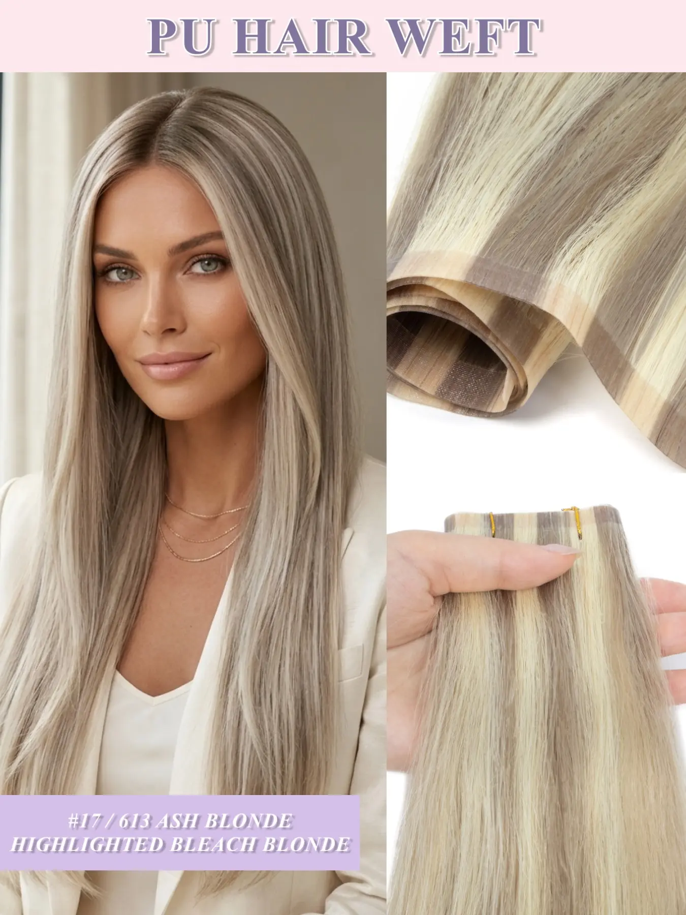 Seamless Invisible Tape Weft Human Hair ExtensionsInvisible Long Tape PU Light Beige Weft Human Hair Bundles No Glue Real Natural Hair Seamless Weft Hairpieces for Salon Supply Real Natural Straight Hair for Women 12-20 Inches Salon Quality