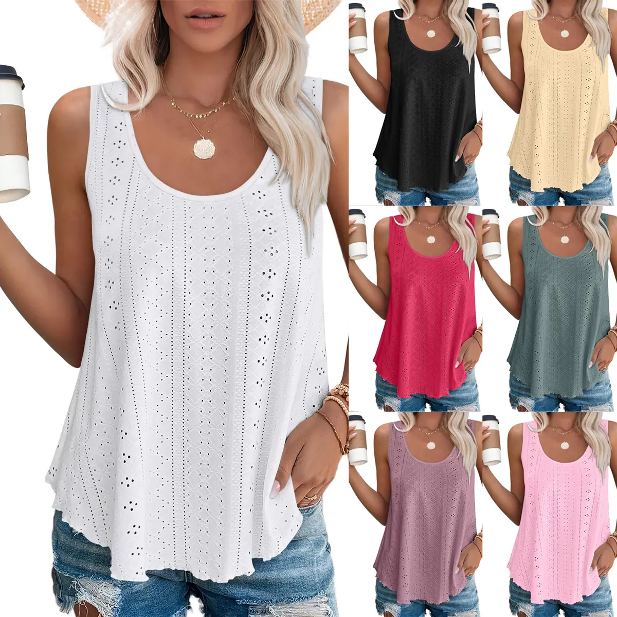 Women's U-Neck Eyelet Embroidery Sleeveless Tank Top, Loose A-Line Flowy Summer T-Shirt, 100% Polyester Casual Hollow Out Vest