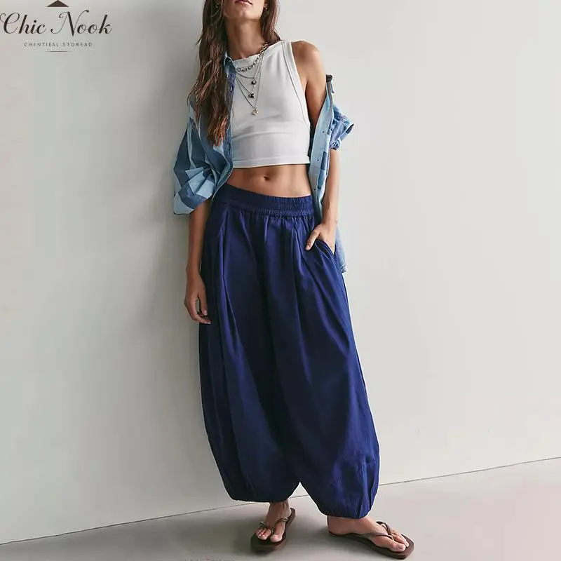 Women‘s Balloon Pants Wide Leg Barrel Pants Baggy Trousers Elastic Waist Casual Lounge Travel Pants with Pockets