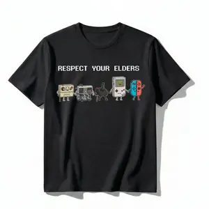 Men's Oversize Cotton Vintage Graphic Tshirt - Retro 80s-90s Pixel Art Controller Print, Funny "Respect Your Elders" Menswear Short-Sleeve Round Neck Streetwear Top, Funny Gifts for Guys