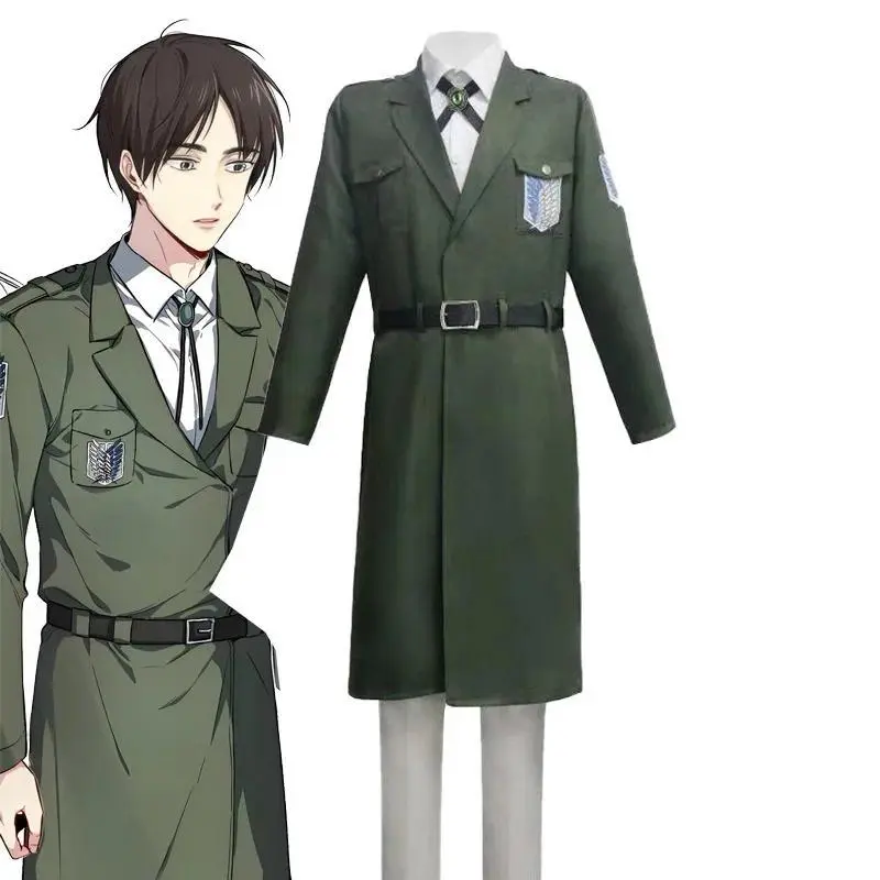 Attack on Titan Scout Regiment Cosplay Uniform Suit - Eren Jager/Armin Arlert Navy Green Long Coat, Shirt, Pants, Belt, Tie, Wig Costume Accessory Kit for Halloween Party, Asian Sizes, Trench