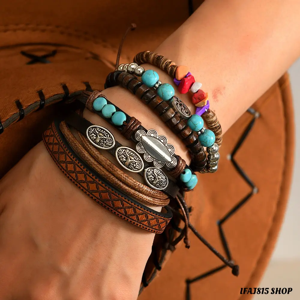 Unisex Boho Leather Wrap Bracelet - Adjustable Size, Multilayered Beaded Design with Turquoise Charm, Braided Weave Retro Jewelry for Beach Vacation, Unique Gift (Boho Vibe Everyday Style Accessory)