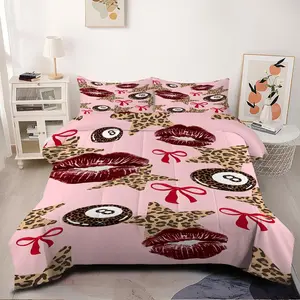 Cute Red Bow Leopard Lip Y2K Comforter Set, 2/3 Pcs No Pillow Core, All‑Weather Comfortable Bedding Set, Breathable & Gentle on Skin, Ideal for Guest Bedroom, Girls Room, Dormitory, Holiday Gift, Trendy Y2K Grunge Room Styling