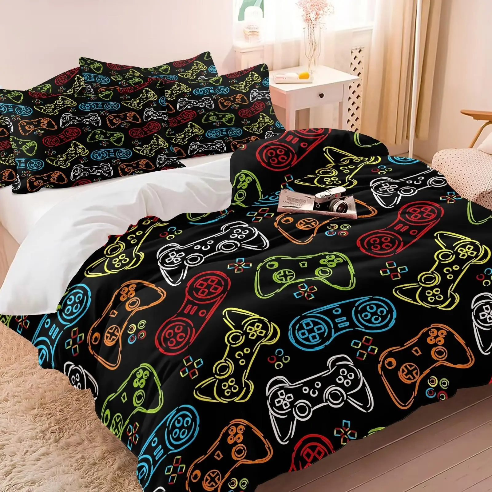 Personalized Colorful Neon Game Controller Duvet Cover Set & 1-2 Coreless Pillowcases, Vivid Line Pattern On Black Background, Skin-friendly Breathable All-season Soft Bedding,een Boys Gaming Room Trendy Cool Bedroom Decor