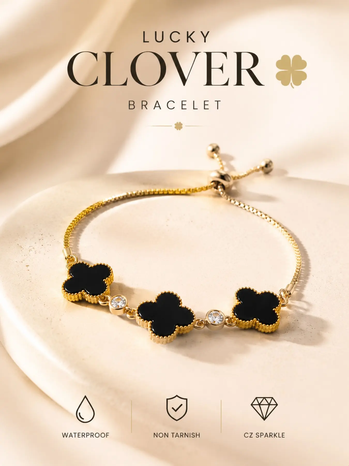 Black Clover Bracelet for Women, Gold Adjustable Lucky Clover Bracelet, Stainless Steel Waterproof Non Tarnish Dainty Chain Bracelet with CZ, Minimalist Everyday Jewelry Gift for Mom Wife Girlfriend