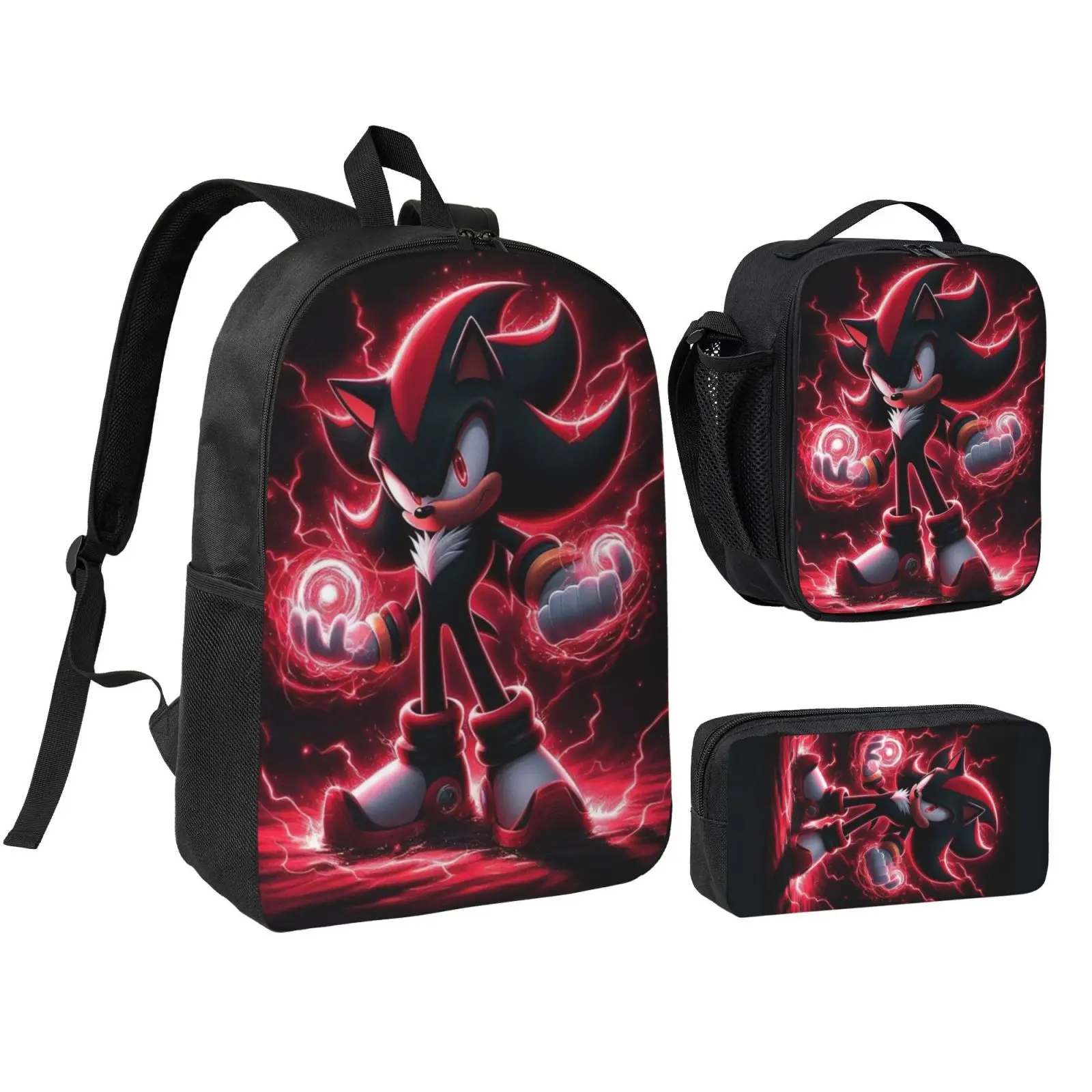 Anime Shadow The Hedgehog1 Kids School Bag Set, Teen Boys Girls Backpack with Adjustable Shoulder Straps, Multipurpose Bookbag with Lunch Box Pencil Bag for School Travel Office Daily Use
