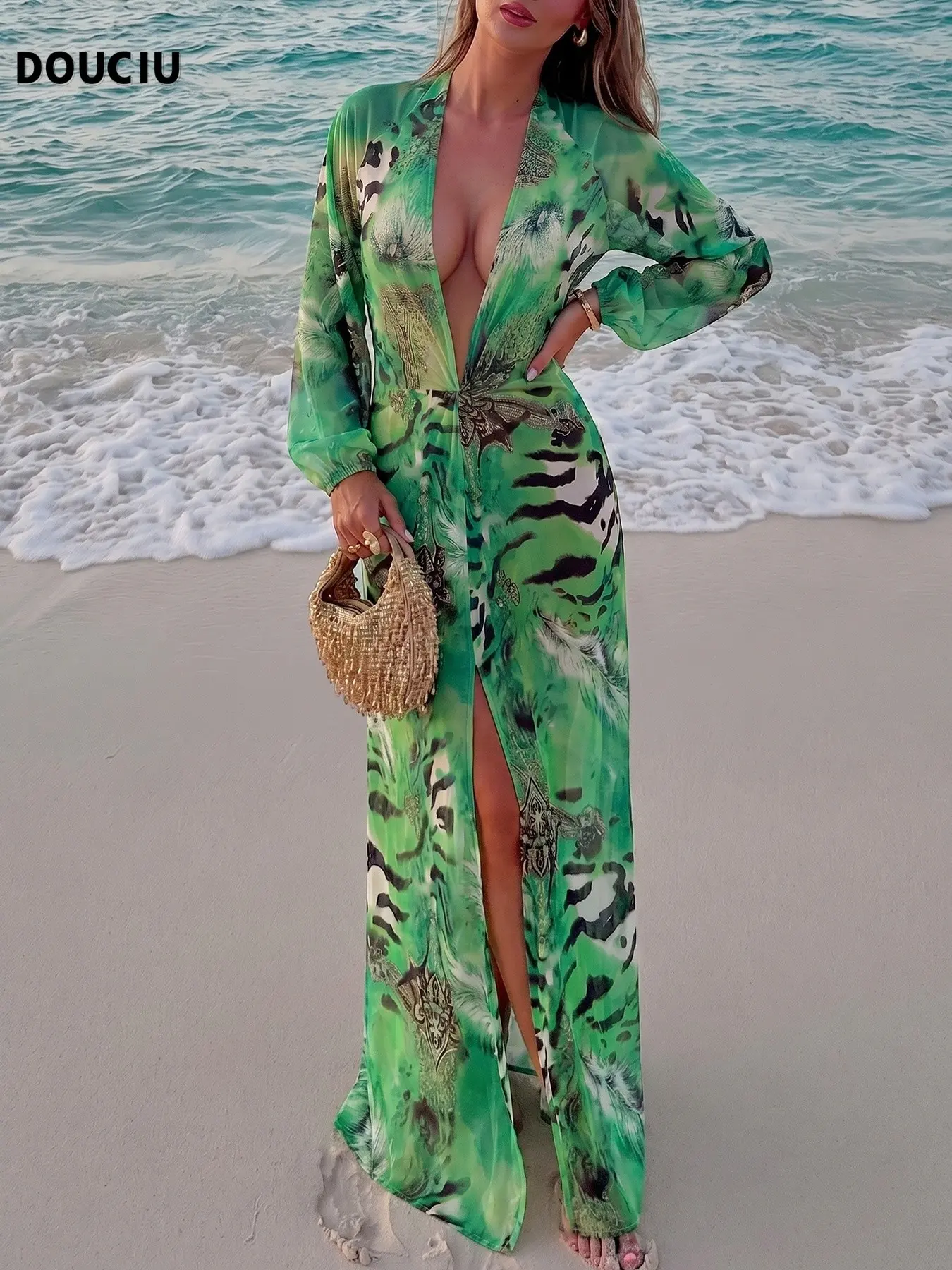 DOUCIU Leopard Print Loose Fit Beach Dress, Bohemian Boho Summer Sexy Backless Long Sleeve Mesh Vestido, Comfortable Summer Vacation Travel