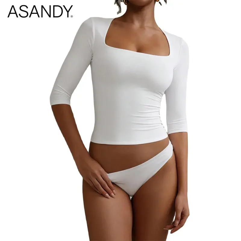 ASANDY Women's Square Neck T-Shirt, Casual 3/4 Sleeve Slim Fit Basic Top in Double Layer 4-Way Stretch Fabric for Daily Layering & Workout, Day, Style, Minimalist, Casual Comfy Tee, Comfortable, Outfits, Athletic, Women's Tops, Plain