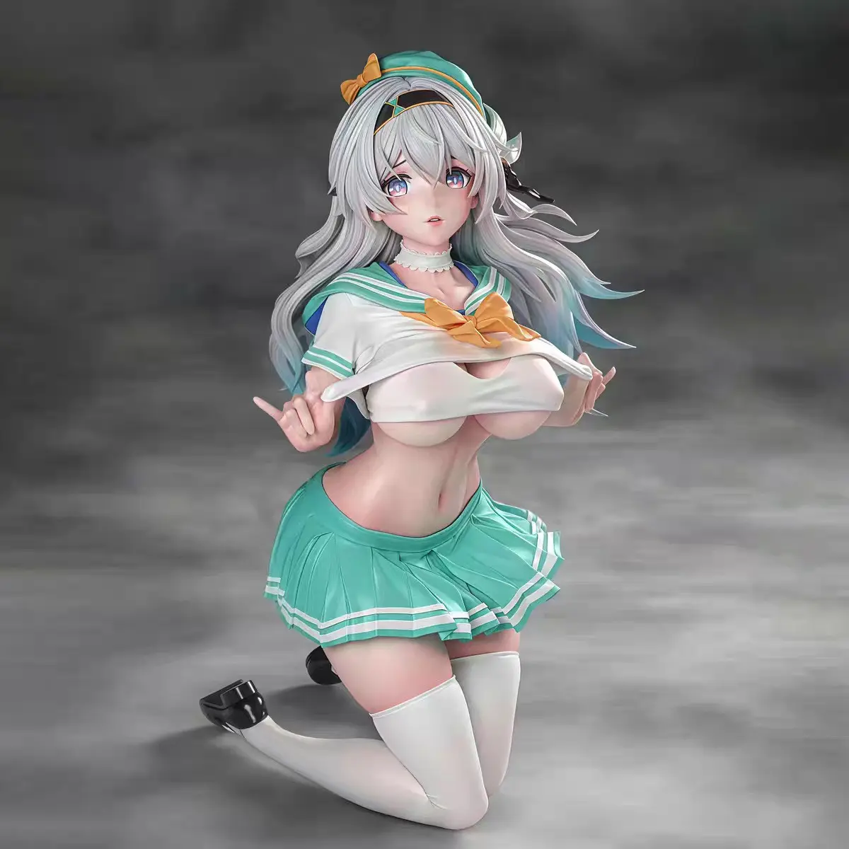Streamlit Sailor Uniform Kneeling Figure, Fresh Mint Jk Uniform with Matching Beret, Bow, Silver Blue Hair, PVC Material