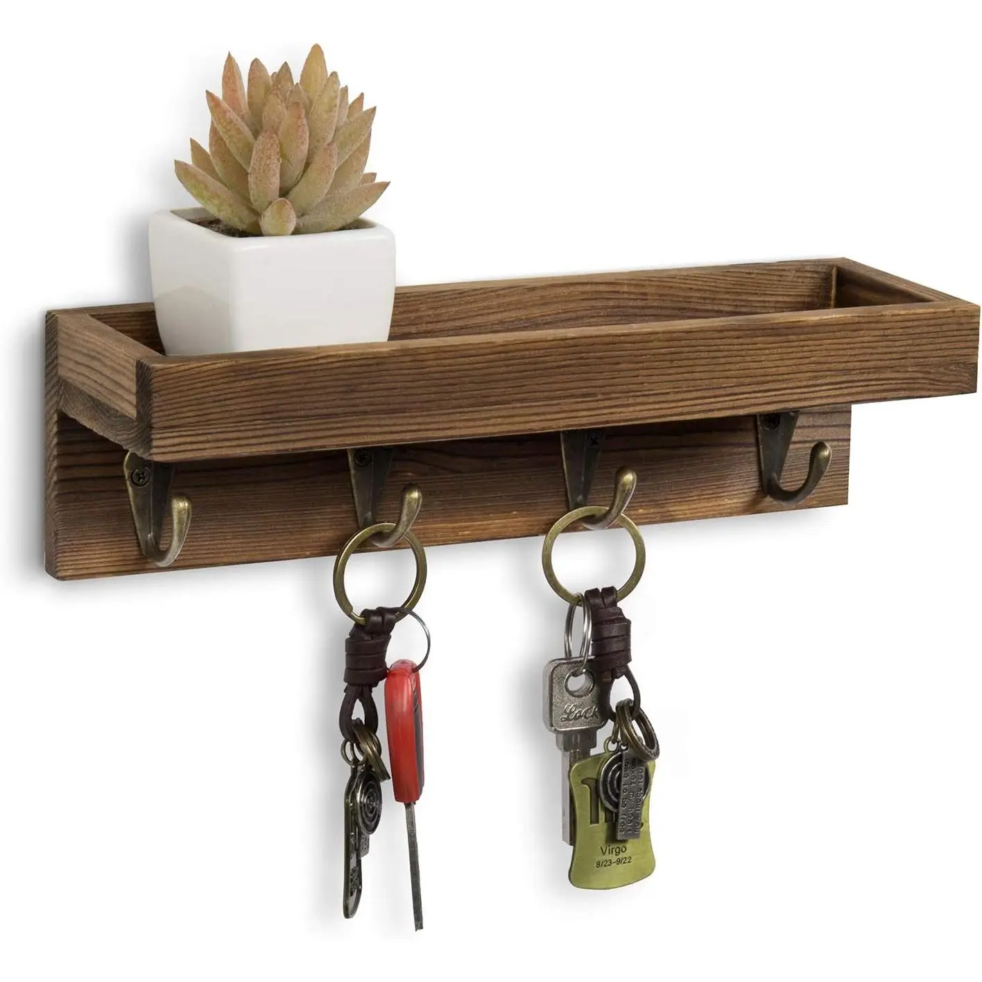 MyGift 10 Inch Floating Wall Shelf with Hooks, Dark Brown Wood Entryway Storage Shelf with 4 Metal Key Hooks
