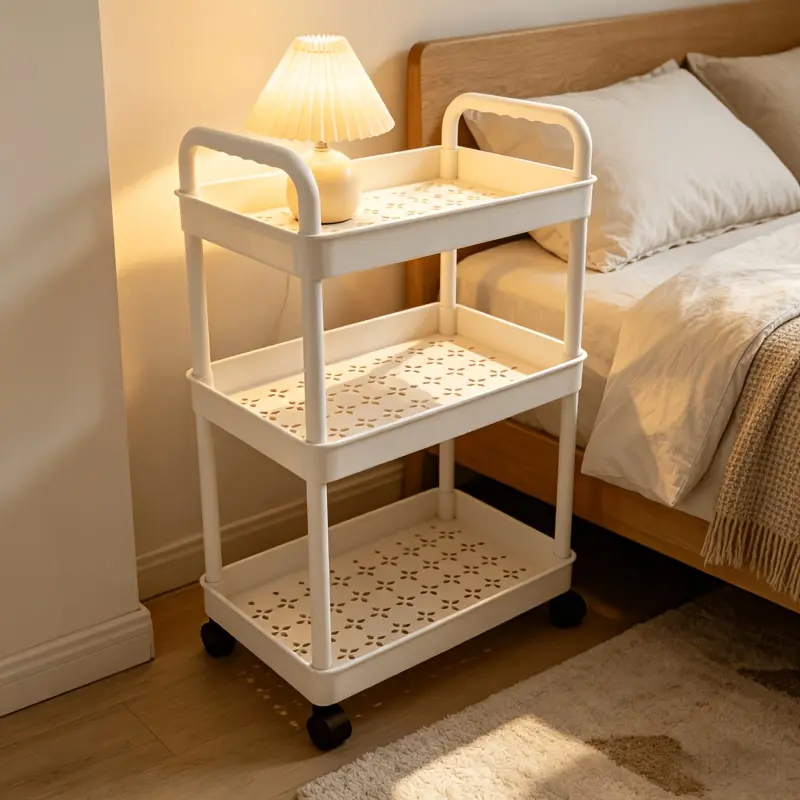 3-Tier Rolling Storage Cart, Hollow Drainage Shelves Made of Thickened PP Material, Strong Load Bearing, Smooth Silent Wheels for Every Room