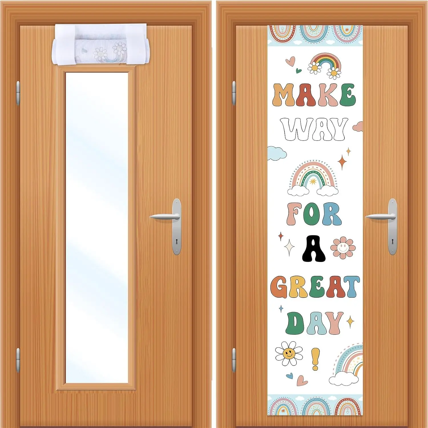 2 count Boho Welcome Classroom Door Window Cover Rainbow Door Curtain Blackout Lockdown Shades Glass Window Covering Darkening Blackout Roller Shades for  Teacher Office Room Decor 36 x 8 Inch
