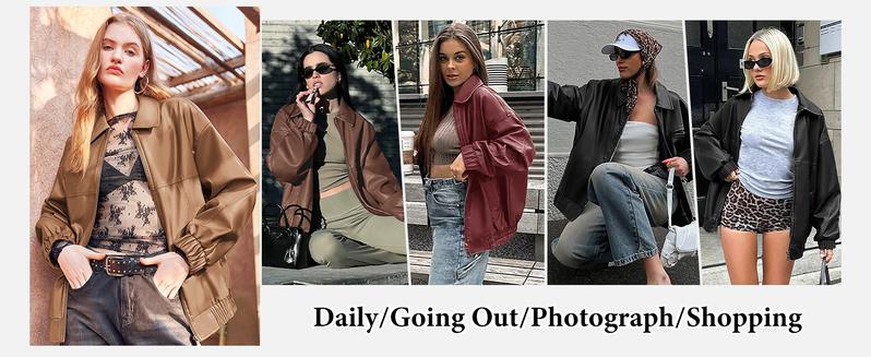 Yousify Womens Leather Jacket Oversized Faux Casual Zip Up Bomber Motorcycle Jackect Trendy Fall Winter Clothes S-XXL