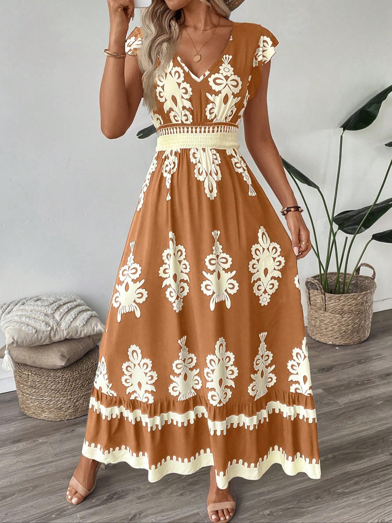 Women's V Neck Ruffle Hem A-Line Dress, Elegant All over Print, Elastic Waist, Moderate Woven Fabric, Casual Vacation Wear