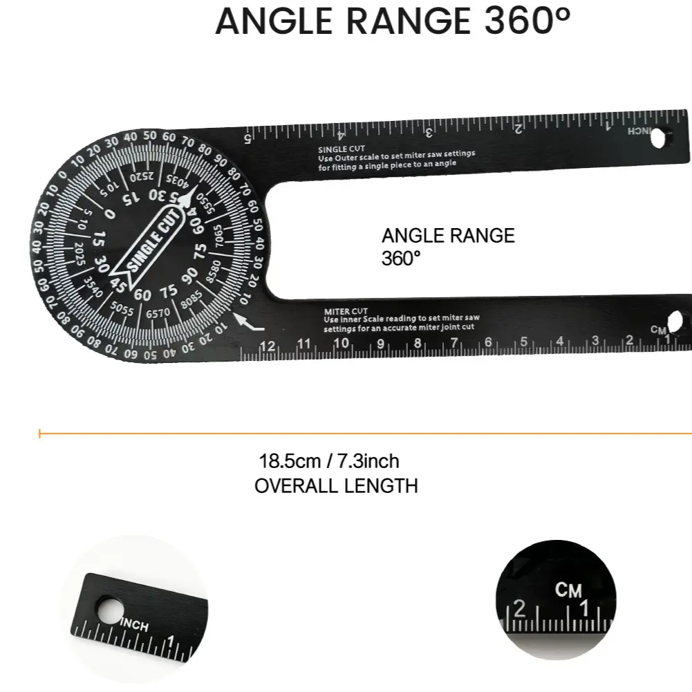360 Degree Aluminum Alloy Angle Finder Ruler, Miter Saw Protractor Gauge with Inch & CM Scale, Rust-Resistant Woodworking Tool for Precise Cuts