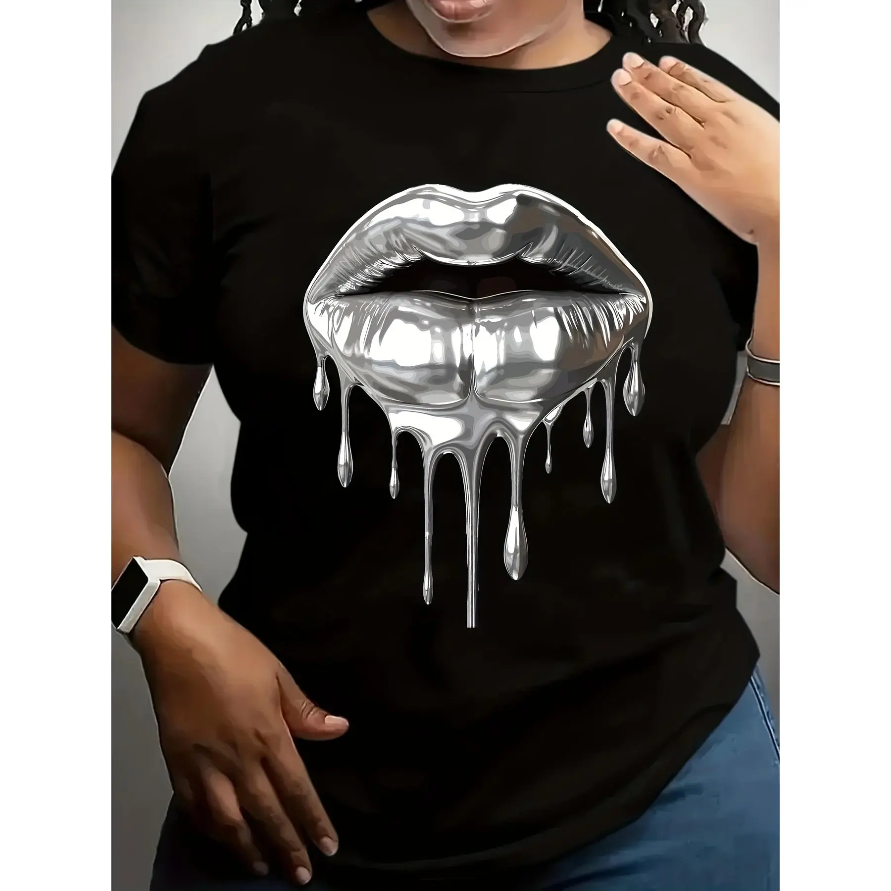 Women T-shirt Clothes Print Content A Silver Metallic Lips with Dripping Silver Liquid, Crew Neck Fashionable and Versatile Gifts for Your Loved One Grunge Graphic Album silverfish