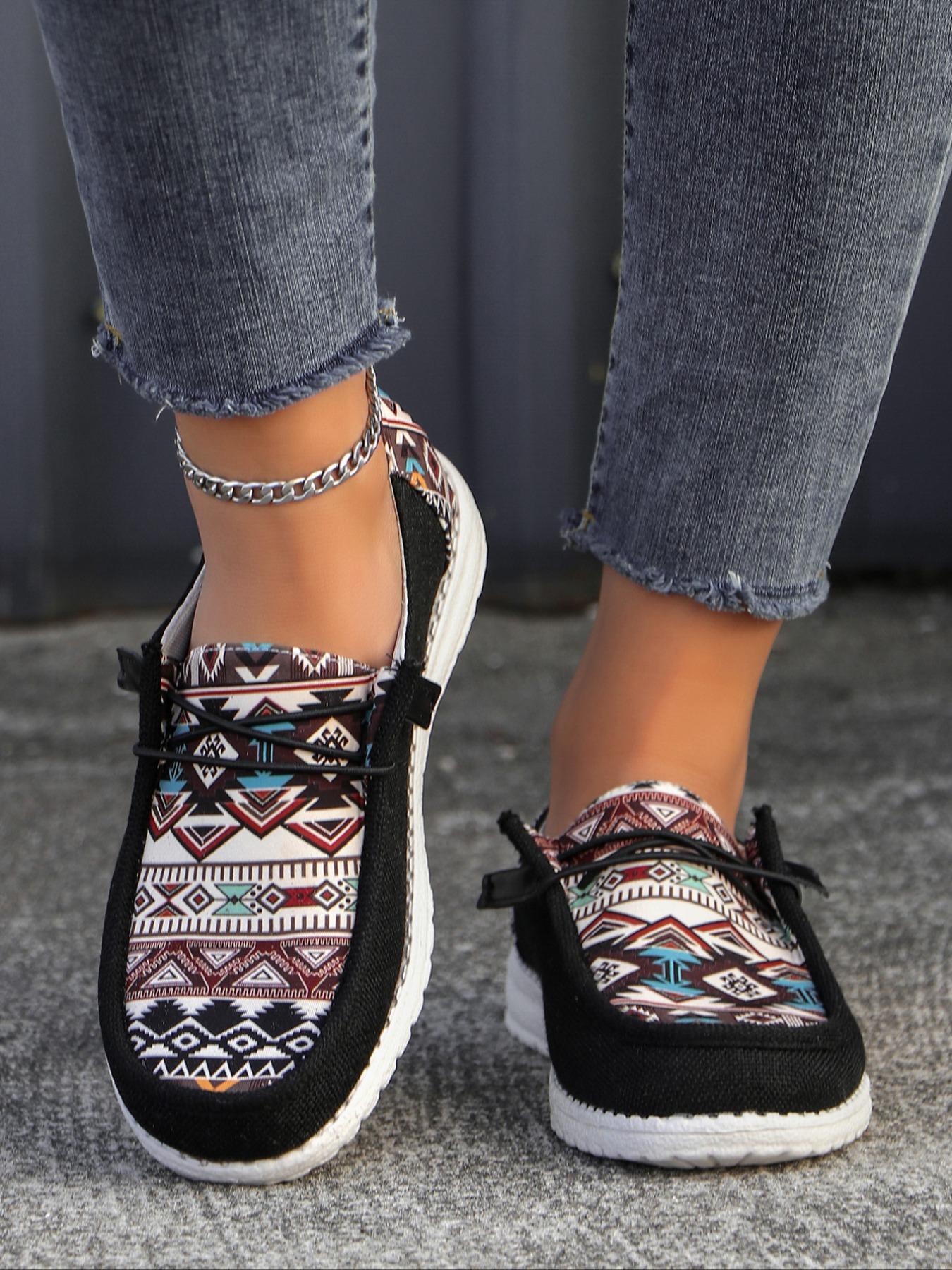 Women's Boho Style Ethnic Random Pattern Slip on Sneakers, Casual Comfortable Round Toe Shoes for Daily Wear, Perfect for Women and Outdoor, As Gift for Wife, Girl Friend, Daughter