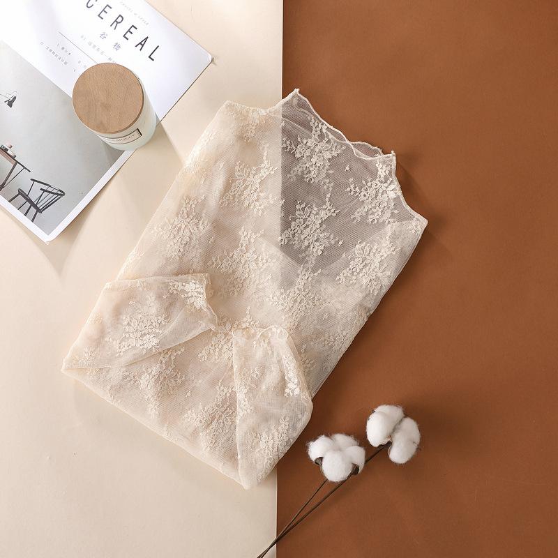 3PCS Black White Coffee Women Half High Collar Mesh Bottomed Blouse Shirt Lace Ear Edge Hollow Long Sleeve Lace Top