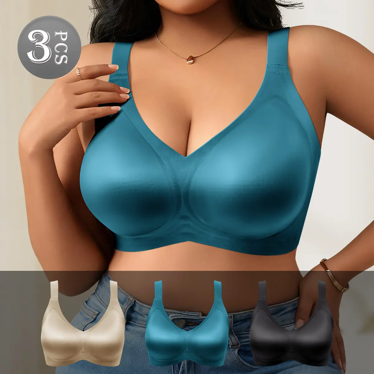 QUASTI 3 Pack Women's Silky Wireless Bras, Smooth Glossy Fabric Soft Comfort Bra, Seamless Full Coverage Support Bra, Stretchy No Wire Everyday Bralettes for Women