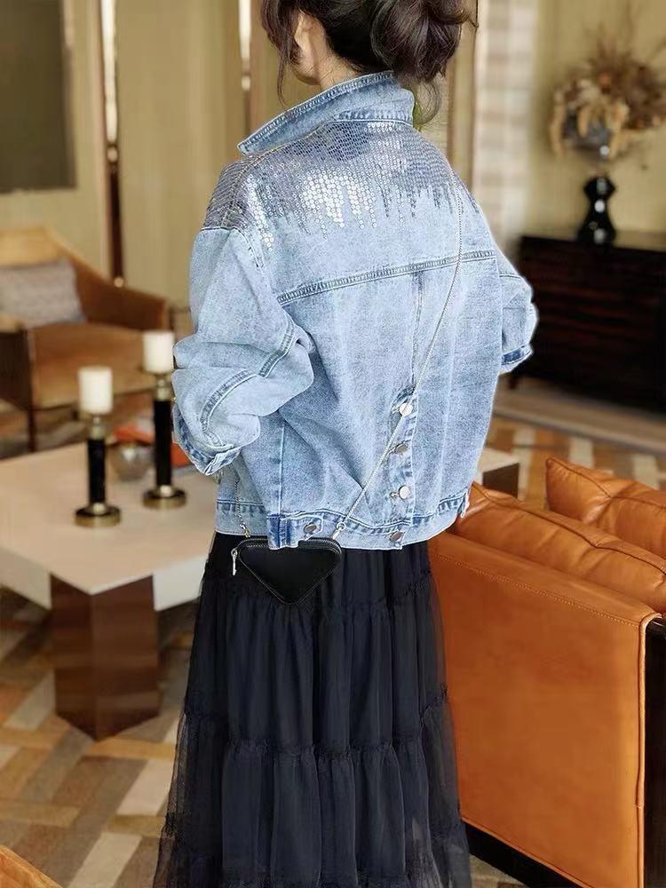 2026 Women's Sequined Denim Jacket Spring and Autumn Denim Coat Women's Jacket
