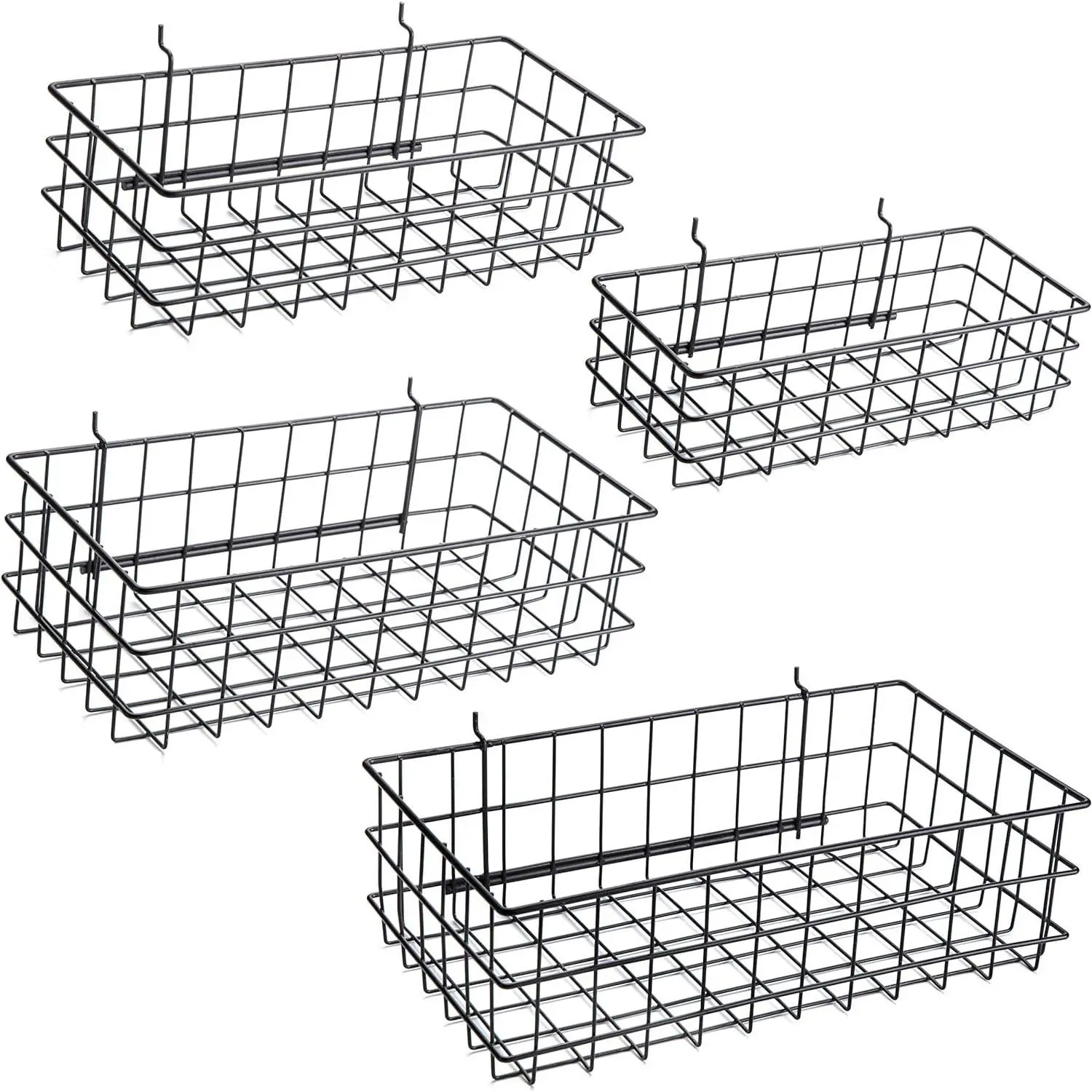 Set of 4 Black Pegboard Baskets with Hooks - Square Wire Shelf Organizer for Tools, Workbench, Garage Storage - Wall Mount Accessories