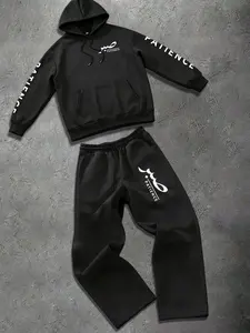 Men's Arabic Patience Letter Hoodie Set, Loose-Fit Sweatshirt & Pants, Casual Sportswear, Spring & Fall Fashion, Hoodie Sweatpants Set