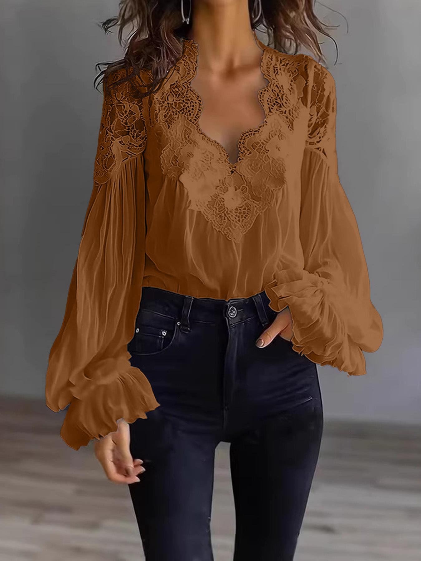 White Lace V-Neck Blouse | Sheer Puff Sleeve Ruffle Cuff Romantic