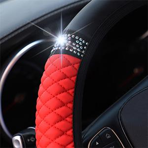 Bling Soft Leather Steering Wheel Cover, 15 Inch Colorful Rhinestones Auto Elastic Protector with Crystal Diamond for Women Girls, Car Accessories for Most