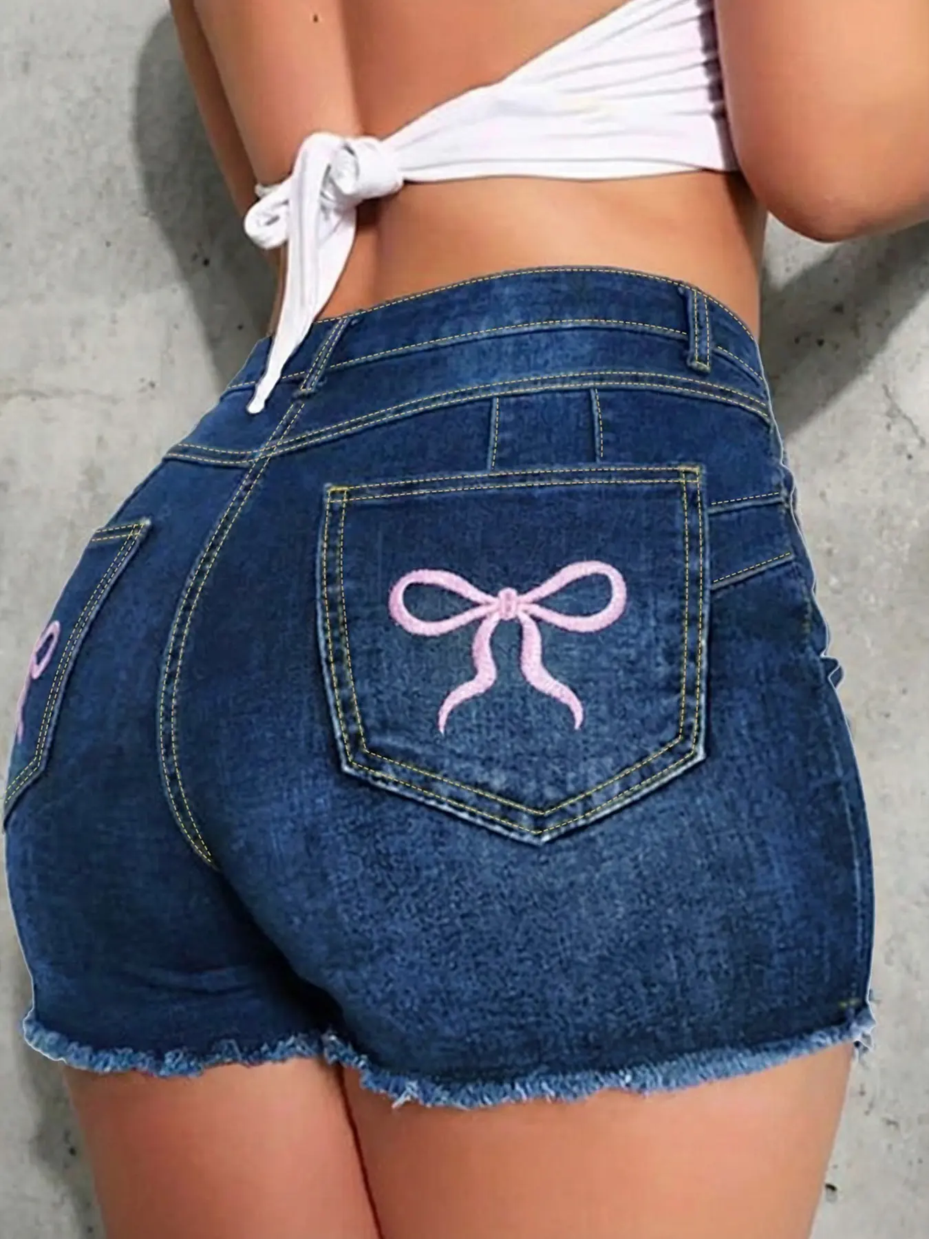 Plus Size Dark Wash High Waist Denim Shorts, Bow Embroidery, Frayed Raw Hem, Curvy Fit, Summer Casual, Beach, Brunch, BBQ, Daily Errands, Womenswear Bottom, Denim Shorties