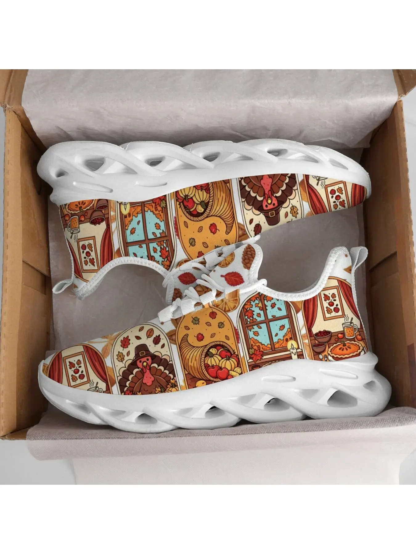 Thanksgiving Harvest Turkey Cartoon Print Hollow Sole Sneakers, Man Woman Lightweight Breathable Lace Up Athletic Shoes Autumn Holiday Walking Footwear