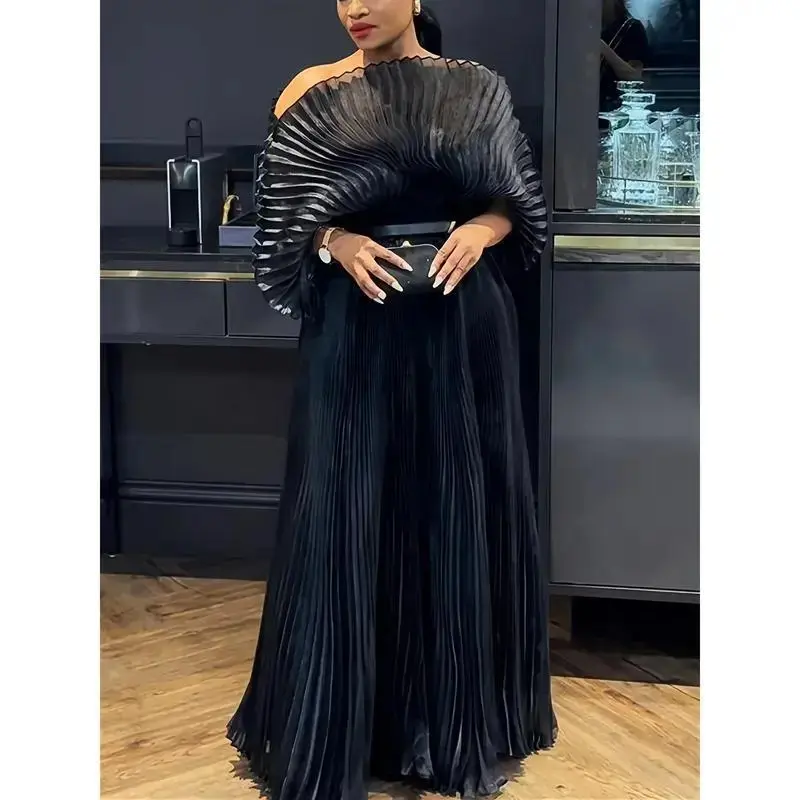 Elegant Off-Shoulder Pleated Maxi Dress - Long, Flowing Design with Batwing Sleeves, Royal Blue Polyester Evening Gown for Women, Perfect for Formal Events and Special Occasions, Formal Evening Gown Solid Womenswear