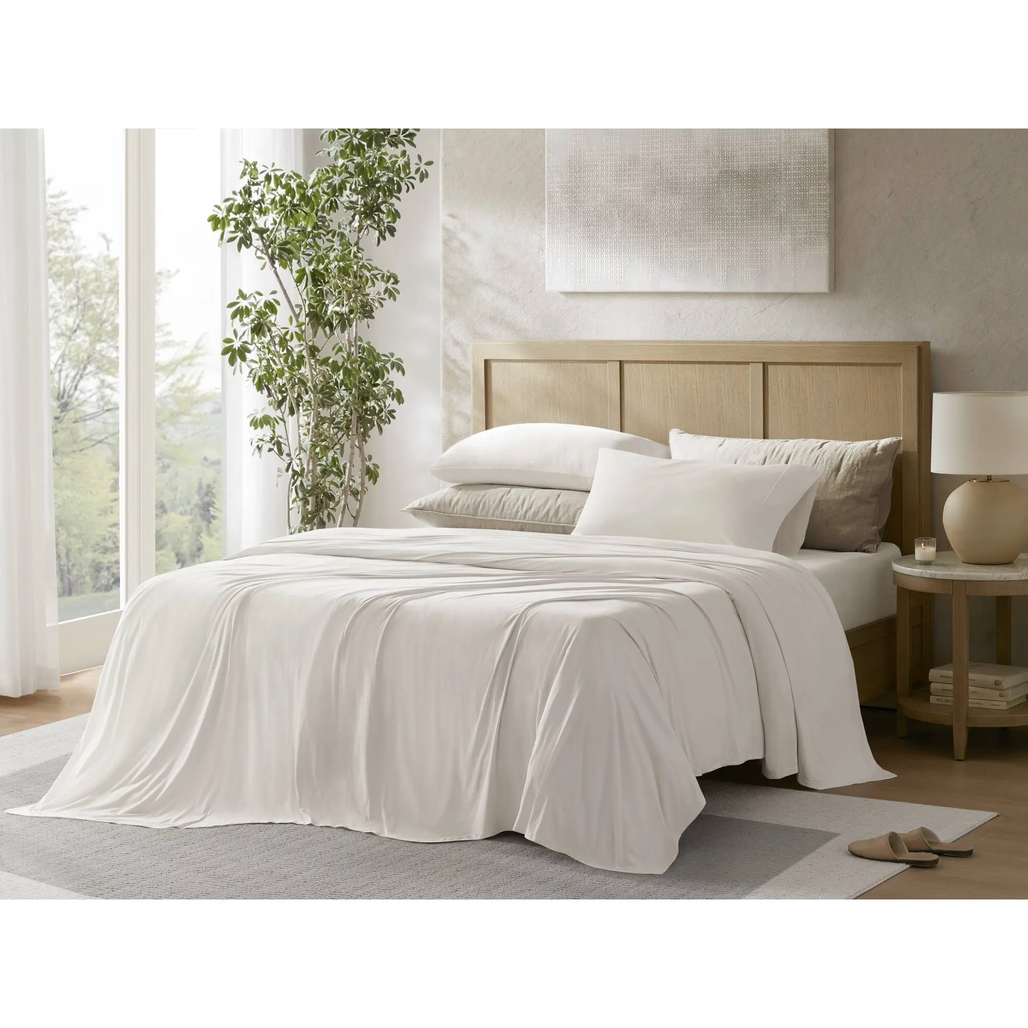 Nokaa 4-Piece Cal King Stretch Jersey Sheet Set White Soft Cotton Blend Bedding Fitted Flat Pillowcase Deep Pocket Elastic All-Around Cozy Breathable Hotel Quality Master Bedroom Guest Room Home Essential