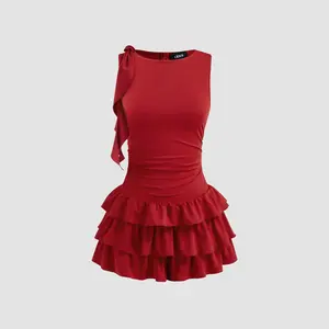 Cider Boat Neck Ruched Ruffle Hem Layered Micro Romper