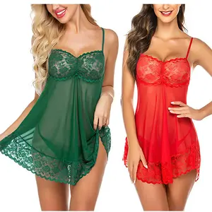 Women Sheer Mesh Lace Lingerie, Spaghetti Strap Nightgown, European American Sleepwear Dress