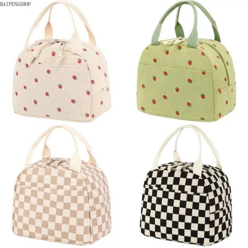 Women's 2026 Cute Corduroy Strawberry Insulated Cooler Lunch Bag - Artificial Leather Reusable Large Capacity Leakproof Soft Thermal Tote, Ideal for Office Work & Outdoor Activities