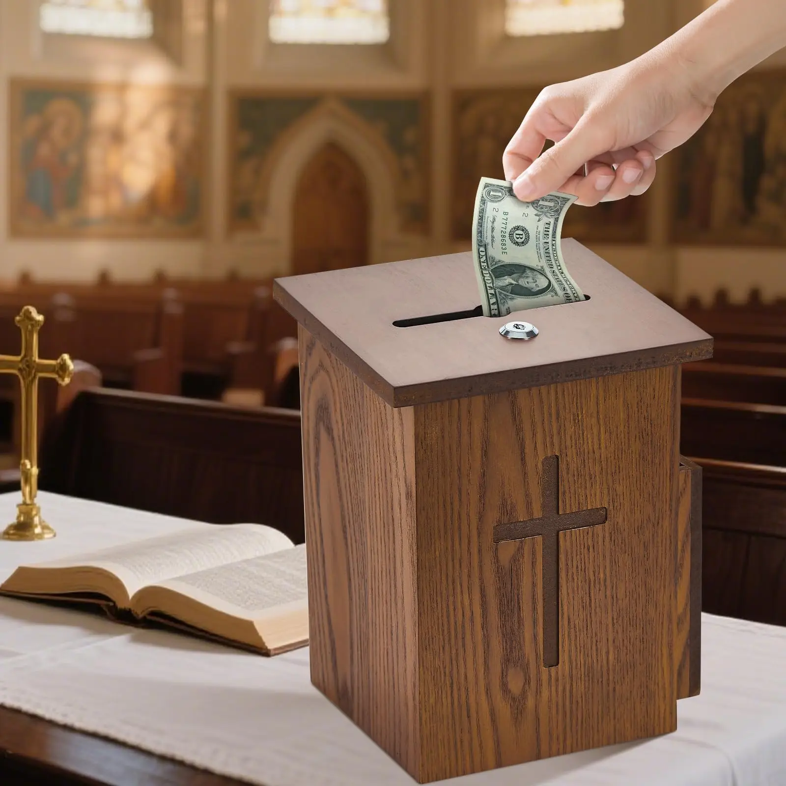 IdealHouse Wooden Church Prayer Request & Donation Box with Lock, Side Envelope Slot, Wall-Mount Suspension Plate & Keys - Rustic Cross Organiser Storage Box