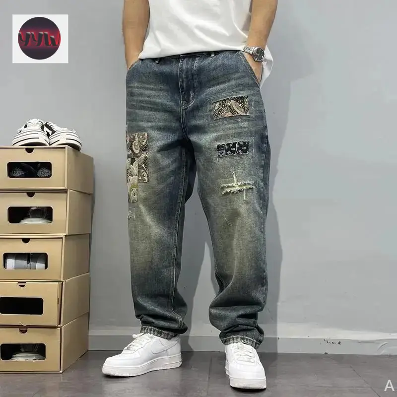 YYW1 Washed Vintage Patchwork Jeans with Patches Men's Loose Straight Pants Fashion Streetwear Blue Men's Pants with Pockets Beige Solid Color