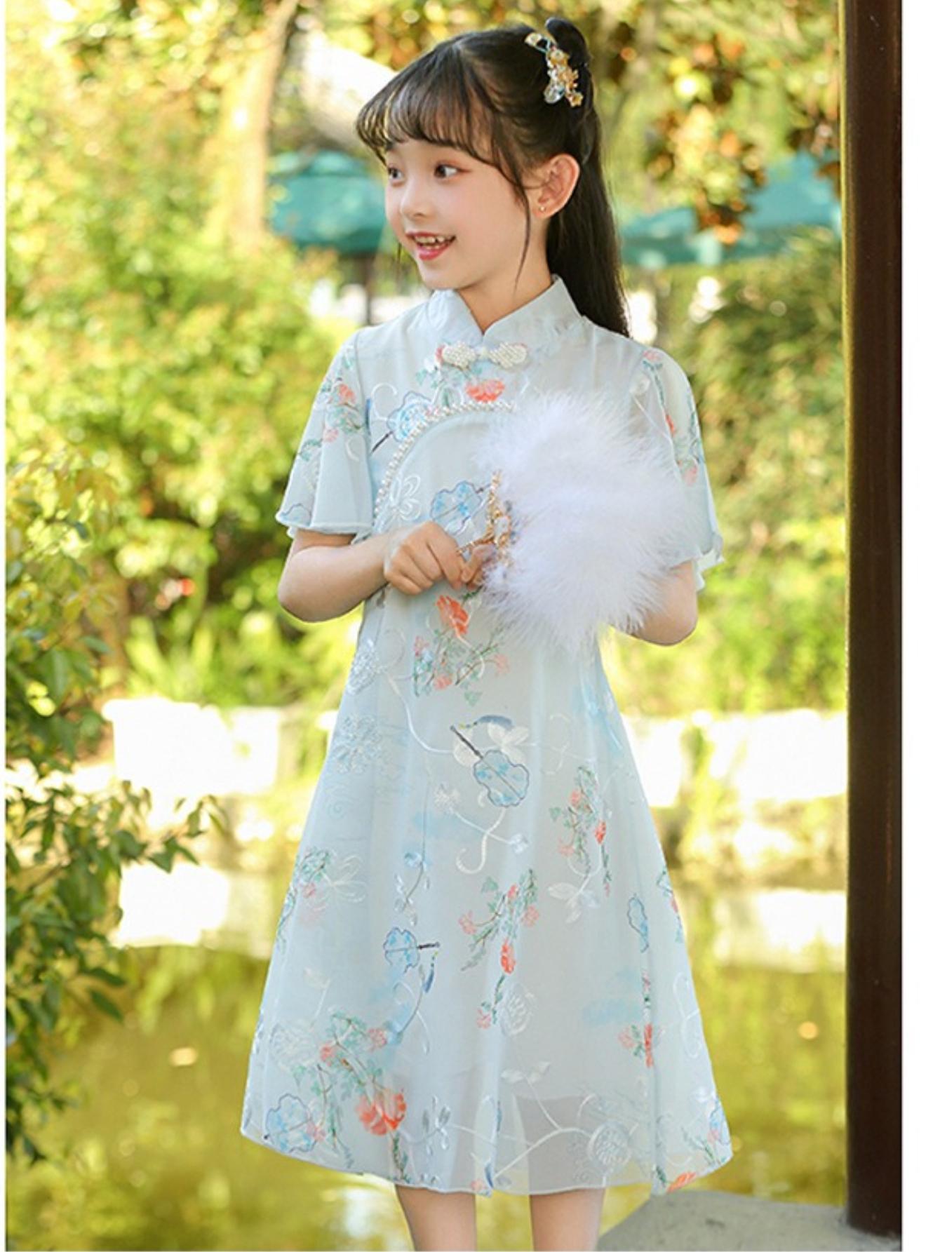 NewGirls' Chinese Style Cheongsam Chiffon Dress Summer Hanfu Light Comfortable Fashion Casual Princess Dress for Outdoor Activities Gifts Party