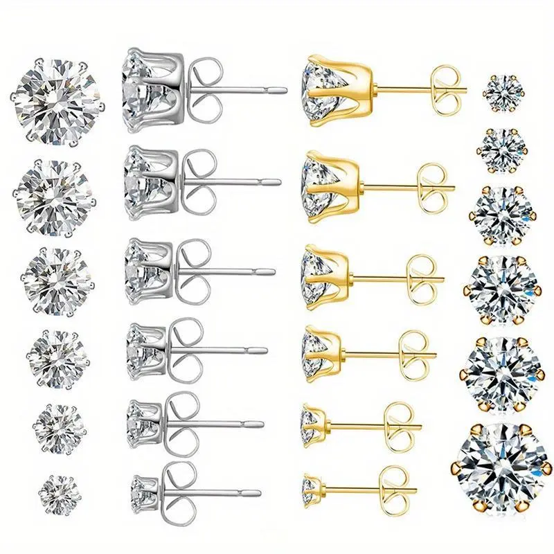 12Pcs Classic Cubic Zirconia Earrings Set, Unisex 316L Stainless Steel Shiny CZ Earrings 3-8mm, Hypoallergenic Ear Stud Daily Costume Vacation Beach Jewelry Fashion Accessory