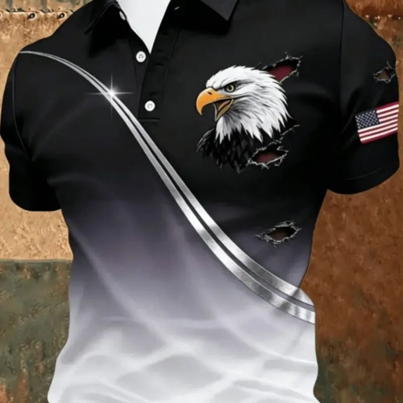 250th Anniversary Themed Short-Sleeve T-Shirt, American Bald Eagle Breaking Through Wall Flag Print T-Shirt, Men's Gradient Colorful Lapel Short-Sleeve T-Shirt, Polo Shirts, Graphic Print Polo, Casual, Versatile, Breathable Sports Polo T-Shirt
