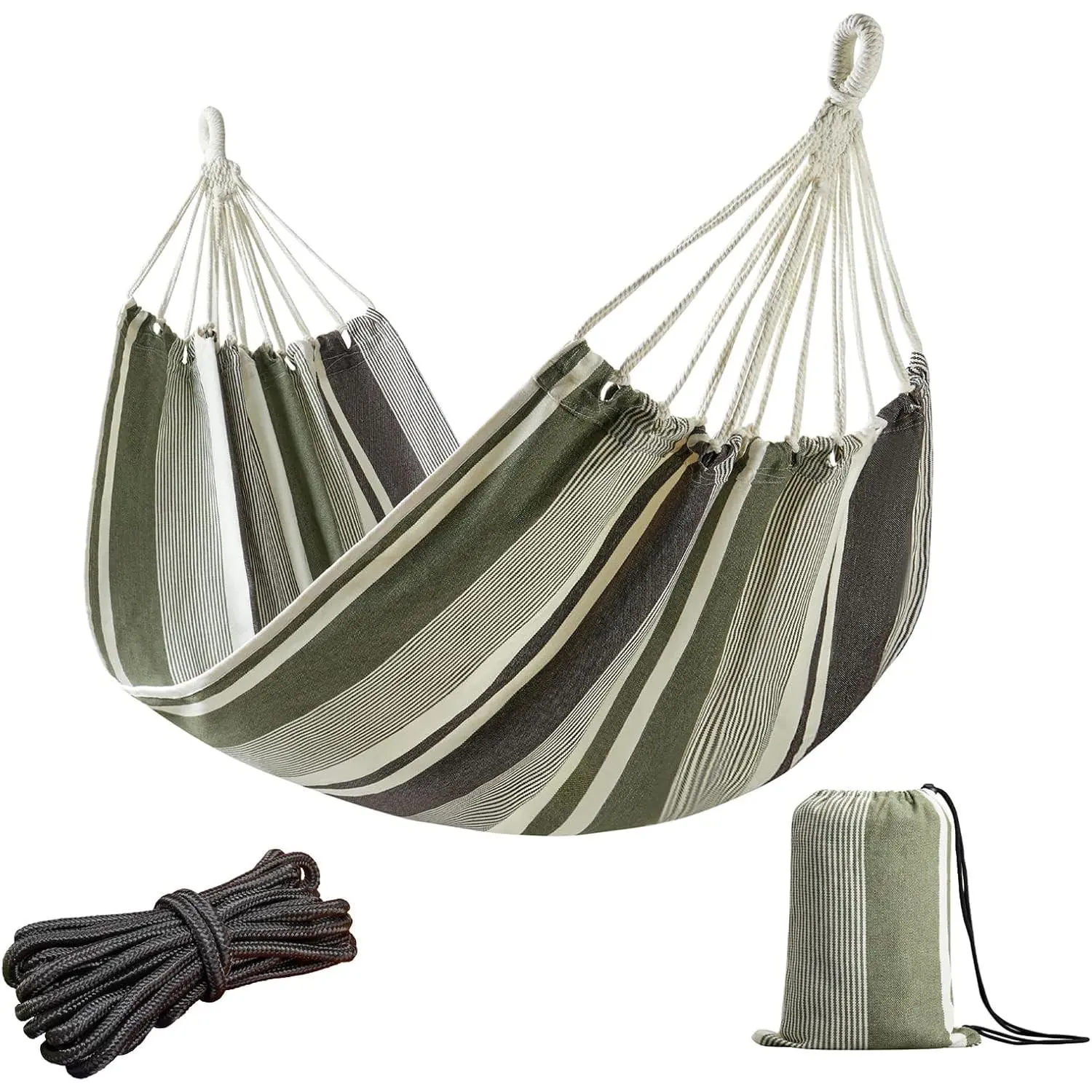Brazilian Hammock for Single Person Portable Hammock with Hanging Ropes & Carry Bag Large 78.8x39.4” for Patio 300LBS Capacity Perfect for Outdoor/Indoor - Green Grey Stripes