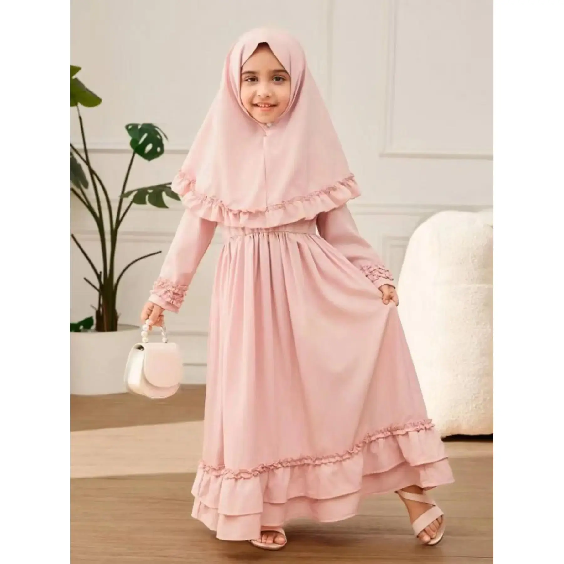 Girls' Long Sleeve Jilbab Dress Set, Spring & Fall European Style, Ruffled Hem Design, Two-Piece, Kids Fashion Clothing