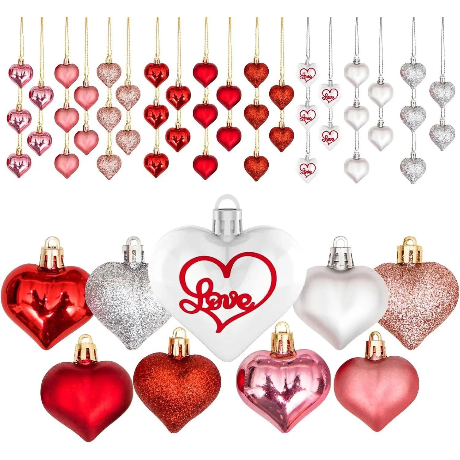45 count Valentine's Day Heart Shaped Ornaments, Heart Shaped Baubles Red  Glitter White   Decorations for Valentine's Day Christmas Wedding Anniversary(9 Styles)
