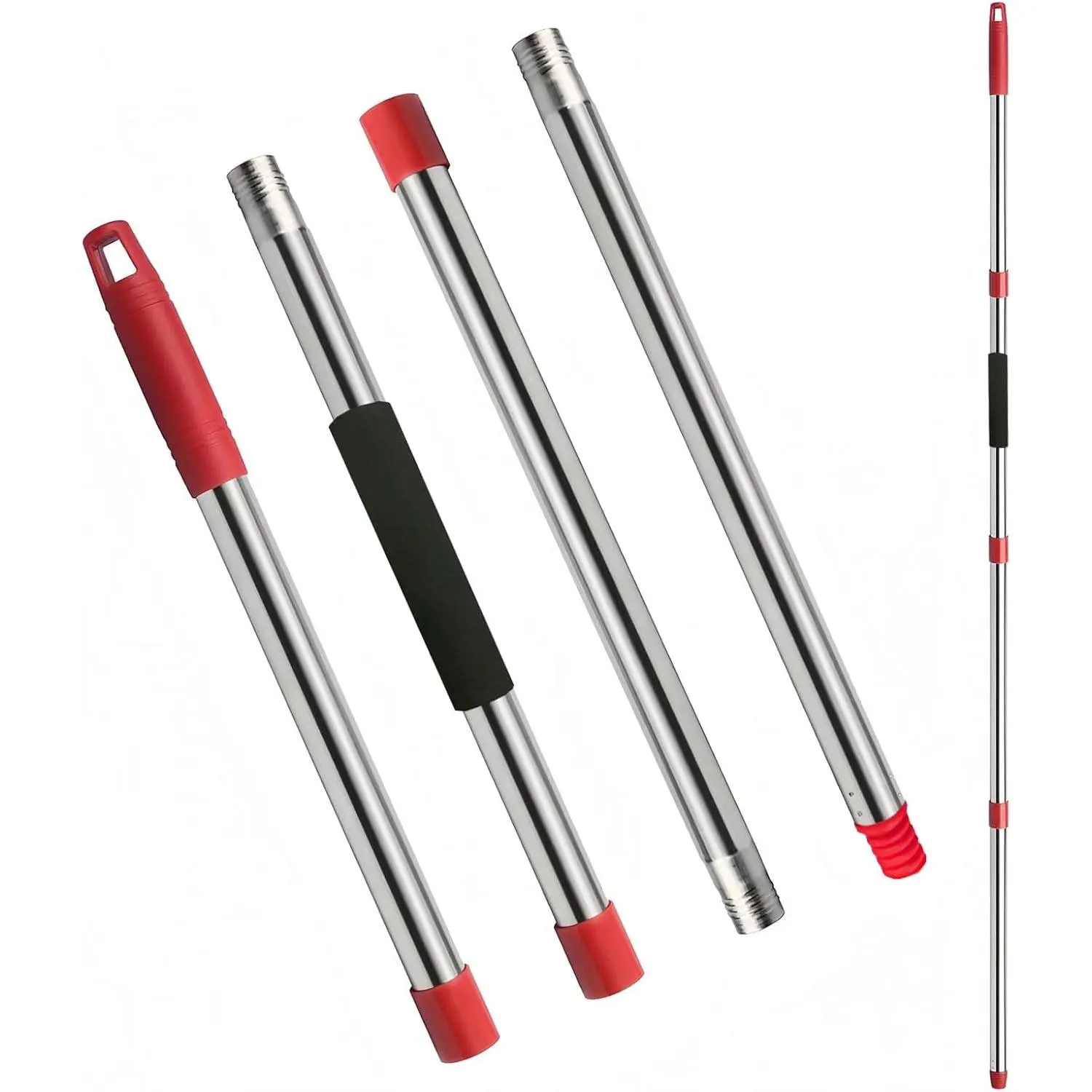 Stainless Steel & Plastic Mop Handle Replacement - 4-Section Adjustable 30"-58", Lightweight, Durable, American Thread Joint for Spin Mops & Brooms (Red)