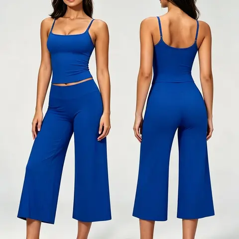 Capri Legging Going Out Casua Tracksuit Sets for Women 2 Piece, Square Neck Cutout Back Cami Top + Loose Straight-Leg Capri Pants, Draping Cool Quick-Dry Workout Outfit, Perfect for Daily Outings, Commute, Jogging, Gym & Shopping