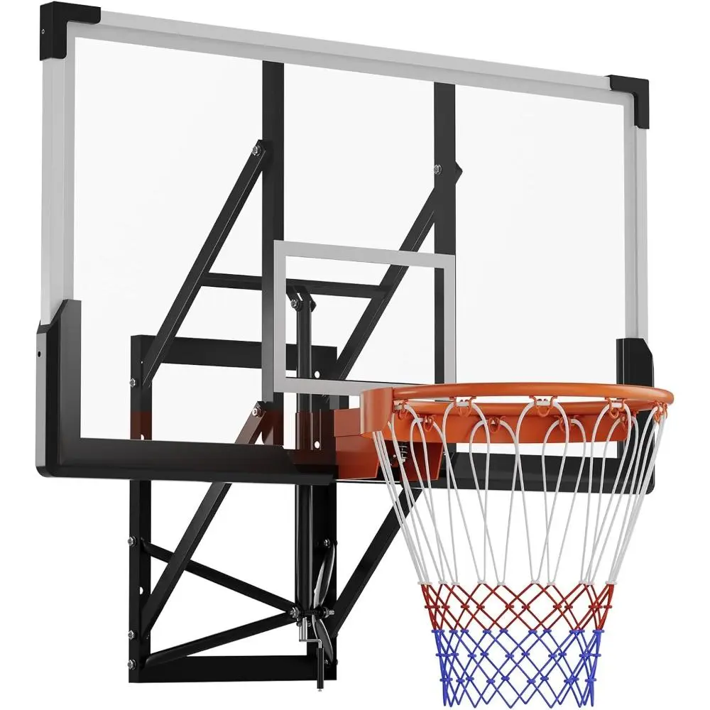 Wall-Mounted Basketball Hoop with 54" Shatterproof Polycarbonate Backboard - 8-10 ft Hand-Crank System Adjustable Height, 18" Solid Steel Rim, Multi-Point Mount, Outdoor Backyard Training Equipment for Children, Concrete Walls, Garage