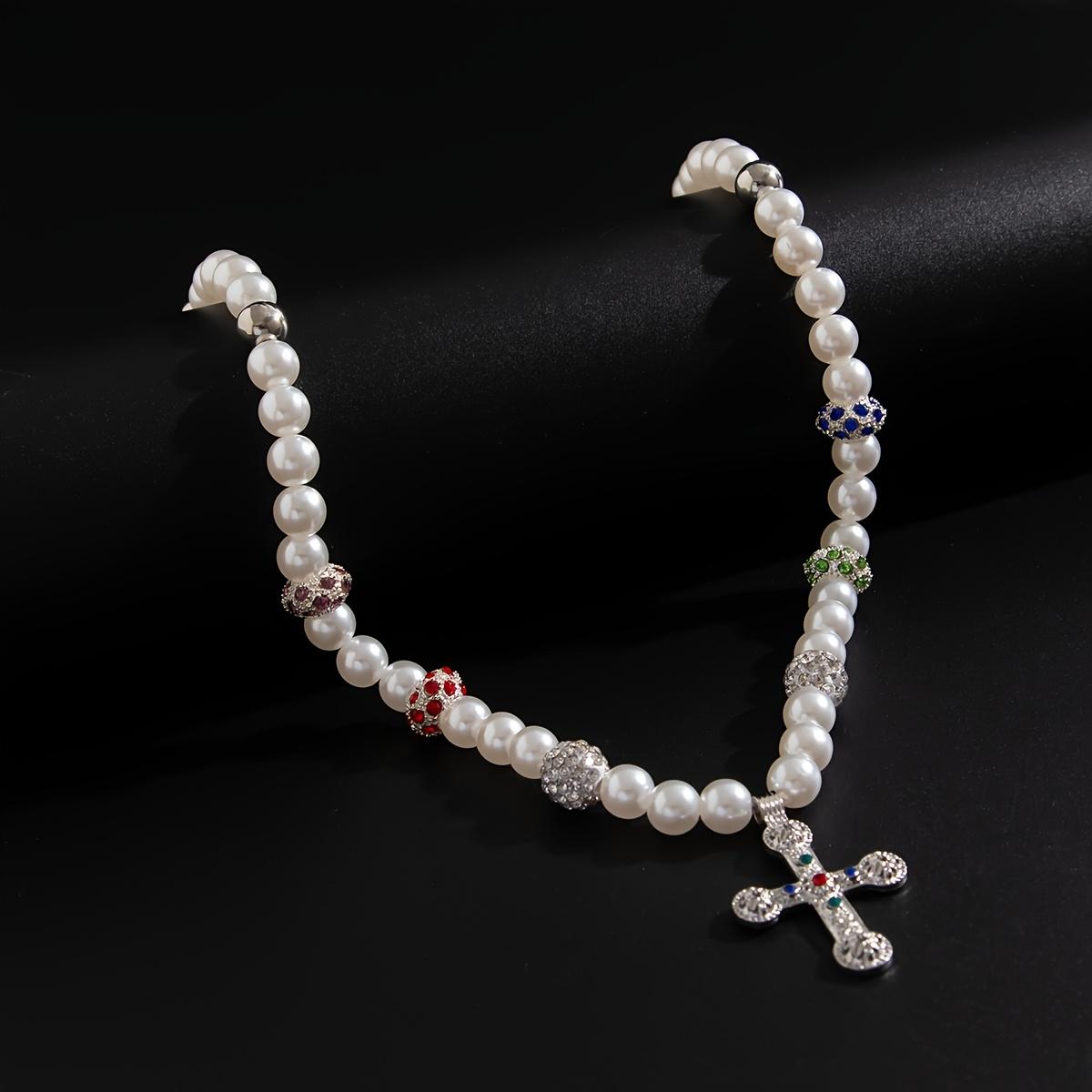 Vintage Luxury Multicolor Artificial Crystal Cross Imitation Pearl Necklace, Men's Charm Jewelry